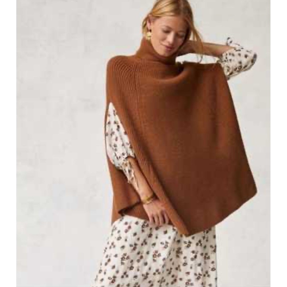 Anthropologie Brown Ribbed Turtleneck Poncho Sweater One Size OS‎ Rust Knit Cape